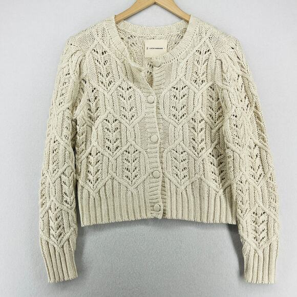 Lucky Brand Sweaters - LUCKY BRAND Sweater Womens L Puff Sleeve Shine Button Up Cardigan Beige